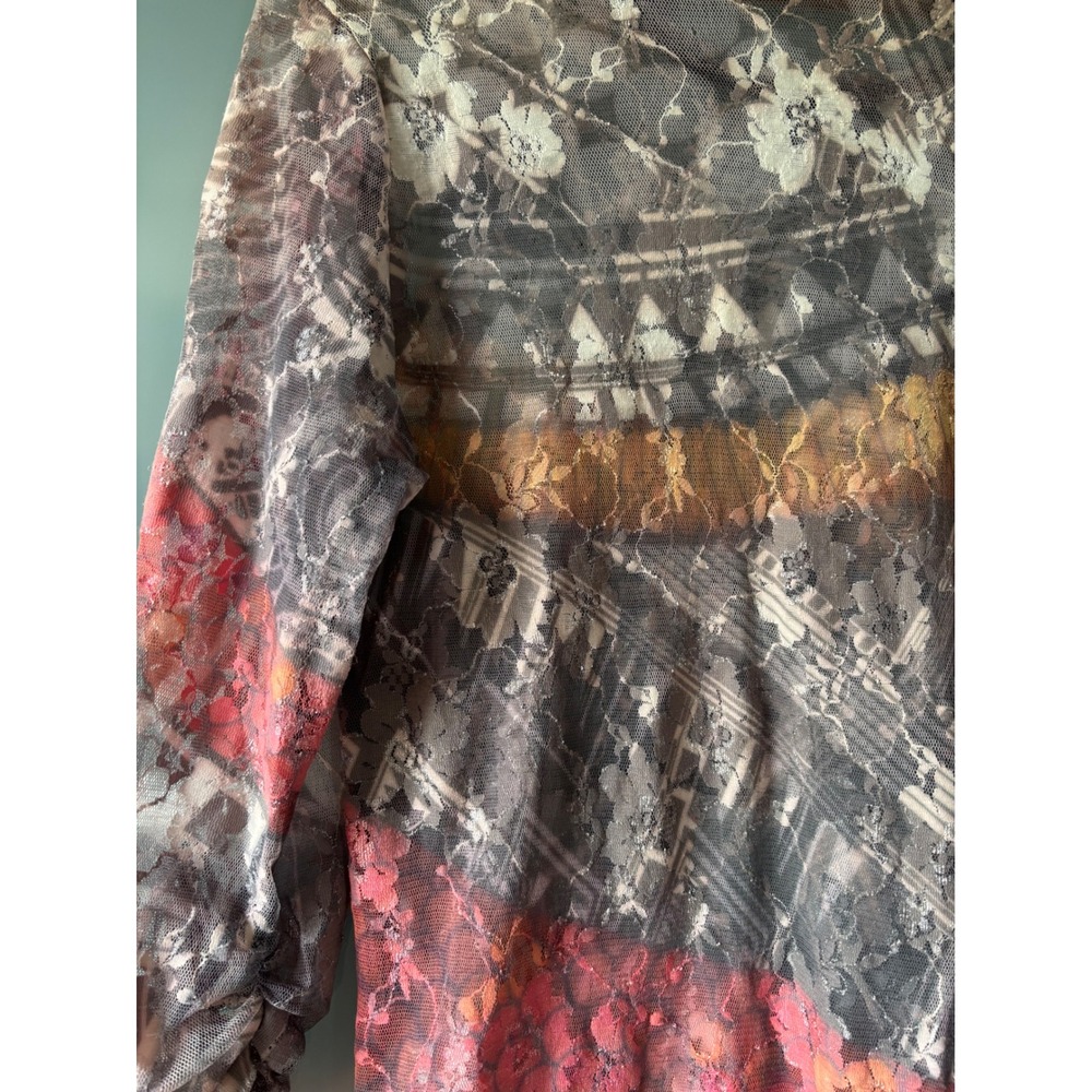 Sheer Floral Lace Mesh Top Rhinestone Print Ruched Y2K Grunge Camo Whimsigoth - Picture 8 of 10